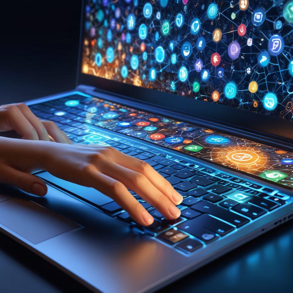 An open laptop displaying a vibrant digital map filled with diverse web icons and search bars, a person actively typing on the keyboard with a focused expression, surrounded by abstract symbols of information like magnifying glasses, light bulbs, and gears, in a futuristic tech environment with glowing lines illustrating connectivity. super-realistic. vibrant colors. 3D.