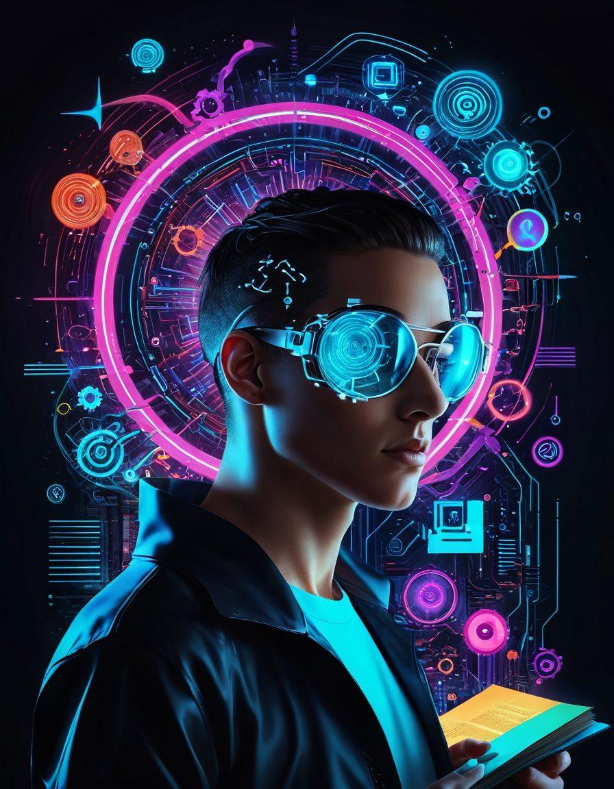 An abstract representation of an individual navigating a digital landscape filled with search bars, magnifying glasses, and swirling data streams. The background should have glowing nodes and vibrant colors that symbolize connectivity and information flow. Include elements like books, gears, and a lightbulb to represent knowledge and innovation. The scene should be dynamic and futuristic to convey the essence of online searching mastery. cyberpunk. vibrant colors. 3D.
